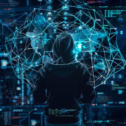 Imagen de una persona con capucha de espaldas, frente a una interfaz digital con conexiones de red y códigos de programación, simbolizando un hacker en ciberseguridad.