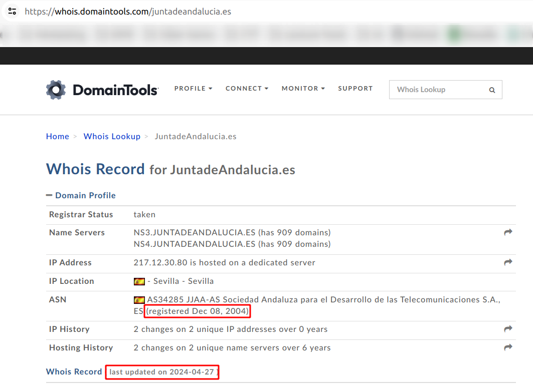 Captura de pantalla de la página whois.domaintools.com