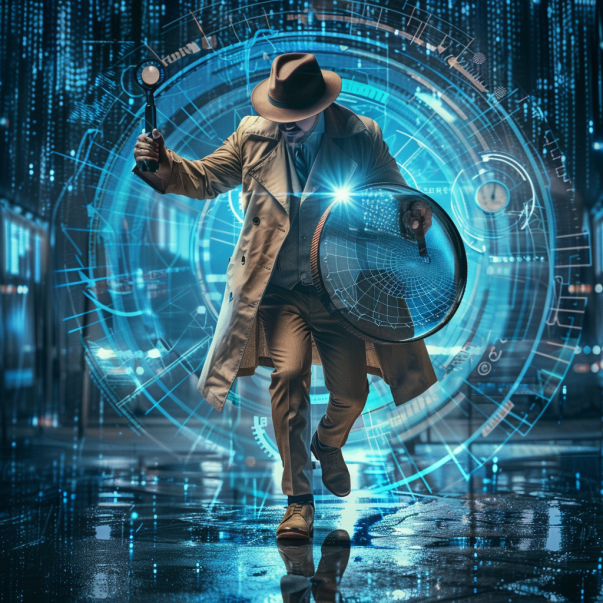 Una imagen en la que se ve a un detective digital vistiendo gabardina, sombrero  y zapatos de vestir, en medio del ciberespacio luchando contra las estafas digitales, con una lupa en una mano y un escudo de ciberseguridad en la otra, simbolizando la búsqueda de amenazas en línea y la defensa contra las mismas. 