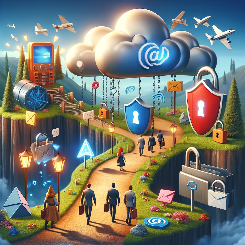 La imagen muestra un paisaje fantástico con elementos de seguridad digital. Hay personas caminando hacia una nube gigante con un símbolo de arroba, sostenida por cadenas con escudos de seguridad. En el camino, lámparas iluminan el sendero, y candados, llaves y escudos flotan alrededor. La escena sugiere un viaje protegido en el mundo digital.