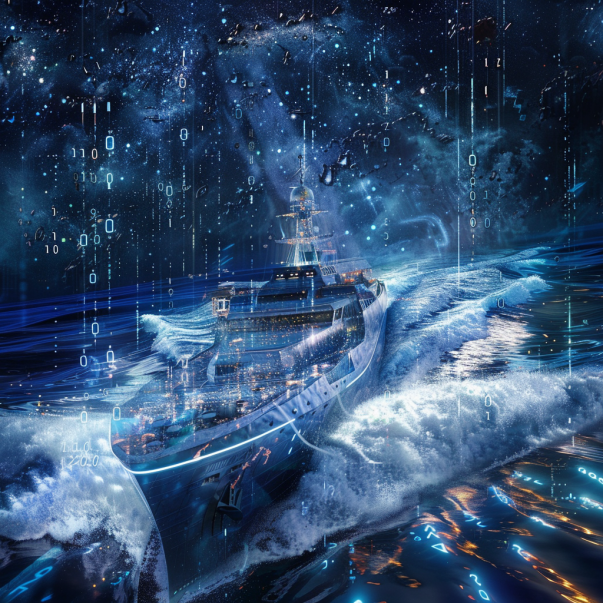  A ship sails through digital waves amid a starry sky. Symbolizes navigating online security challenges. Alt: Futuristic ship navigating data waves.