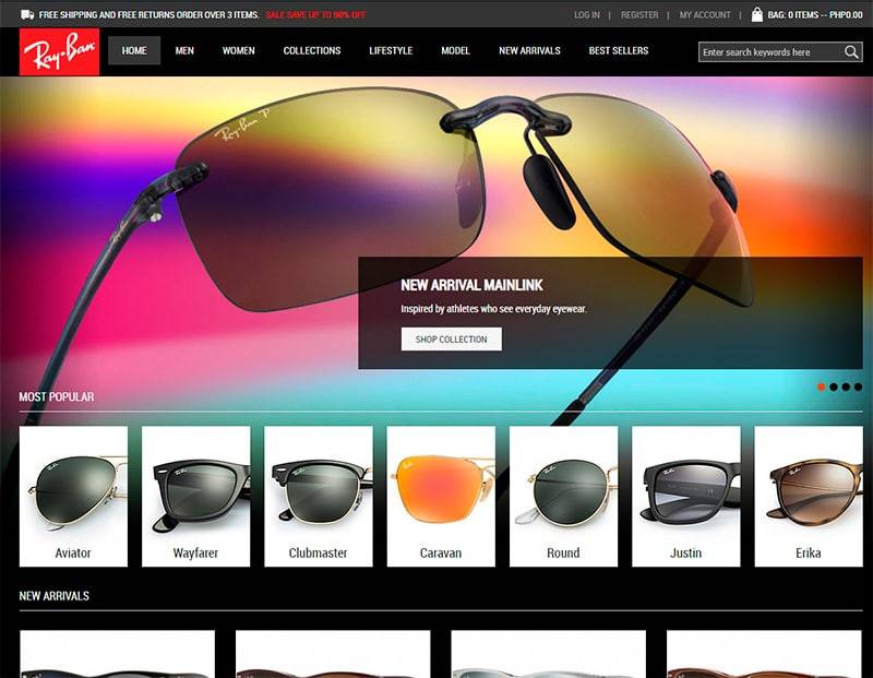 Captura de pantalla de una web fake de venta de gafas Rayban