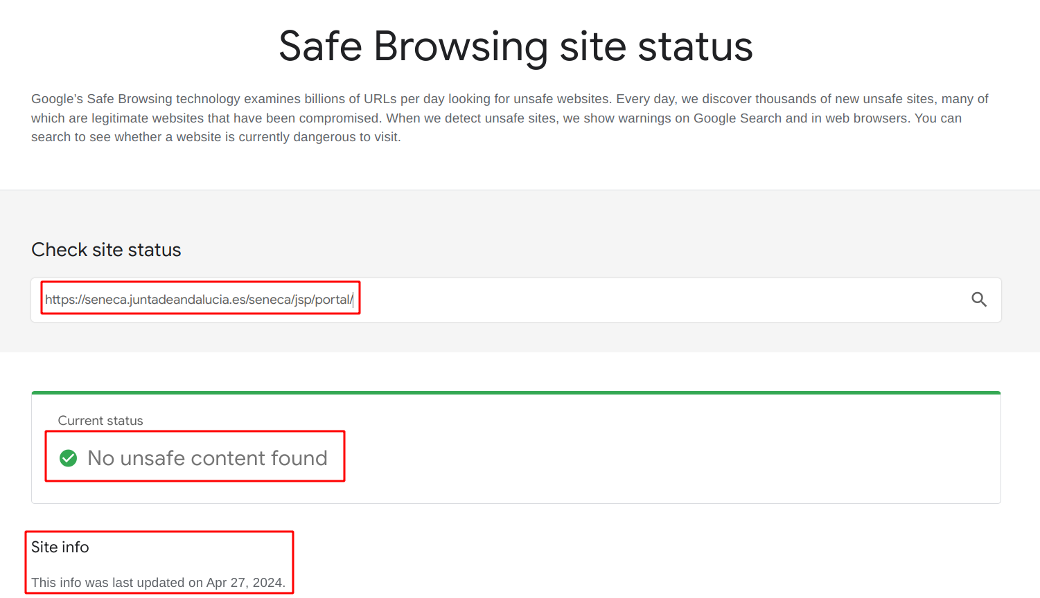 Imagen de una captura de pantalla del comprobador de URL de google