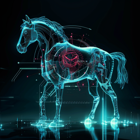 Una imagen artística de un caballo de Troya estilizado, en el que el cuerpo del caballo sea semitransparente y que resalte un gran símbolo clásico de malware en su interior.