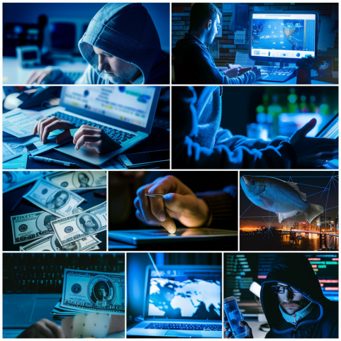 Montaje visual de las ciberestafas más comunes: Phishing, fraudes financieros, estafas románticas